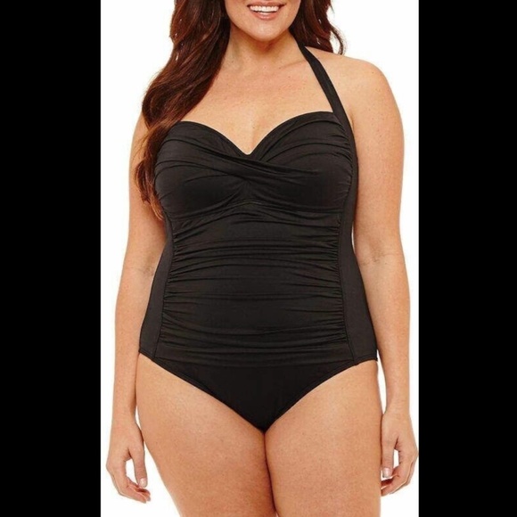 NWT Liz Claiborne [ 16W ] Sweetheart‎ Halter One Piece Swimsuit Black - Picture 11 of 12